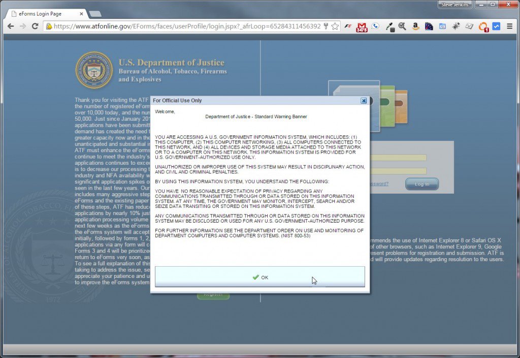 ATF eForms warning banner