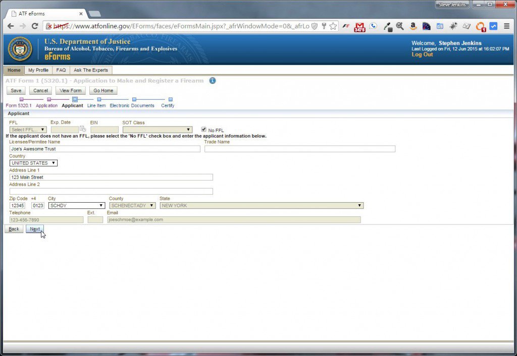 ATF Form 1 Applicant Section