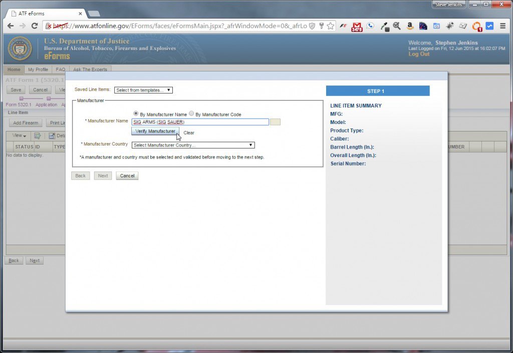 ATF Form 1 Add Firearm box
