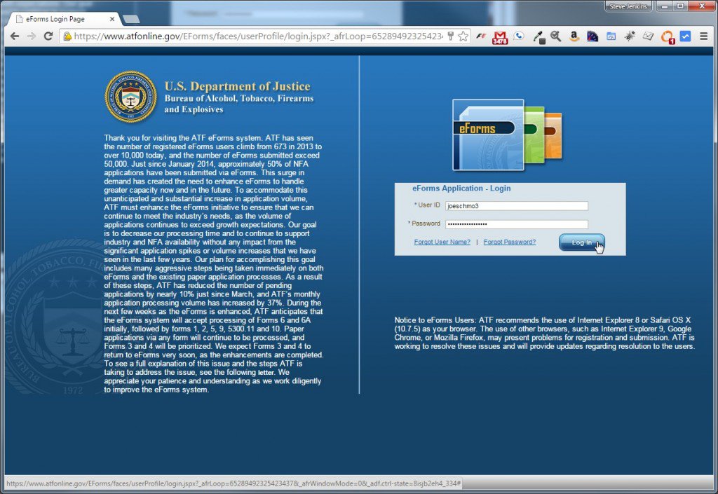 ATF eForms login page