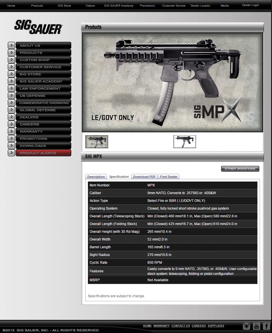 Screen shot of SIG's MPX website page "Specifications" tab