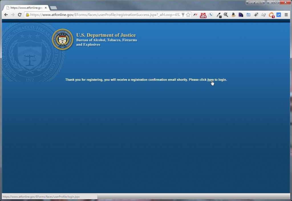 ATF eForms registration confirmation screen