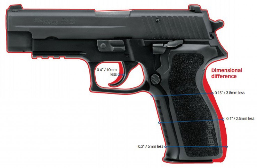Dimensional difference between the P226 standard grip and E2 grip