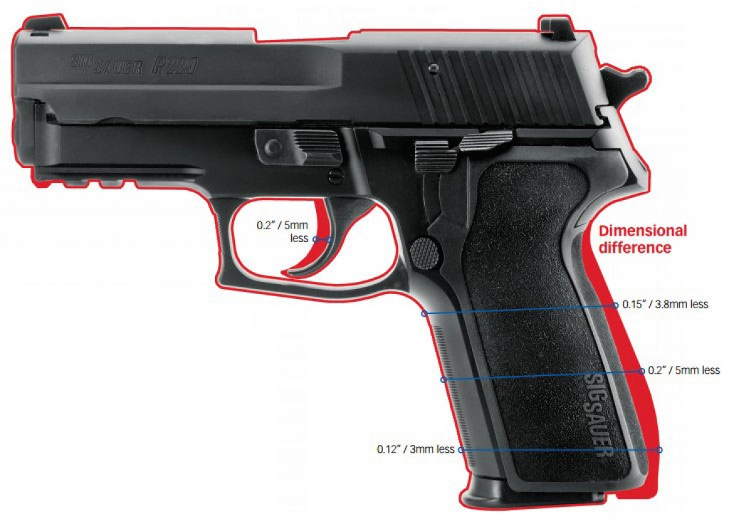 Dimensional difference between the P229 standard grip and E2 grip