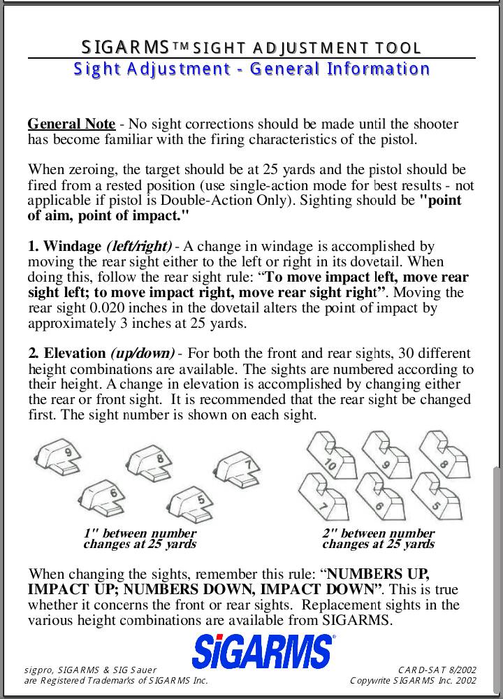 SIGARMS Sight Adjustment Card